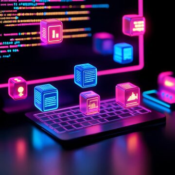 Algorithm creation studio, floating code blocks, digital developer tools, tech setup