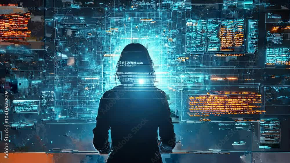 Poster in a high-tech lab, a woman examines complex data on a glowing digital interface while immersed in h
