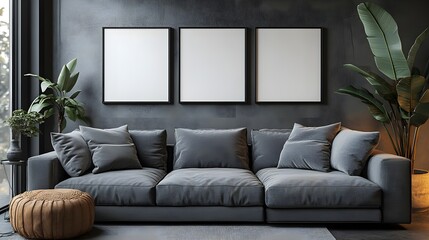  Blank white poster mockup in a modern living room with minimalist decor and clean lines. 3d rendering