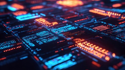 Fototapeta premium Algorithm mapping, glowing holographic panels, complex data visualization, modern workspace