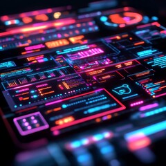 Obraz premium Algorithmic data analysis, futuristic developer tools, glowing holographic interface