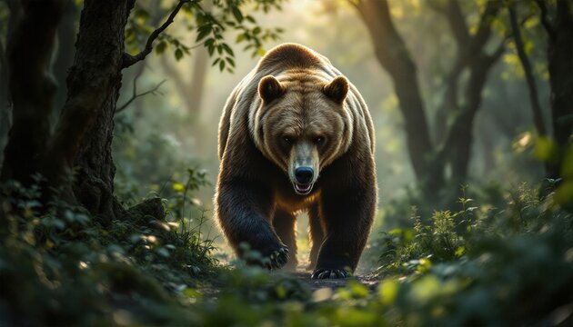 &Agrave; travers la for&ecirc;t &eacute;paisse et verdoyante, le grizzli progresse m&eacute;thodiquement, flairant chaque recoin du sentier pour trouver de quoi se nourrir.