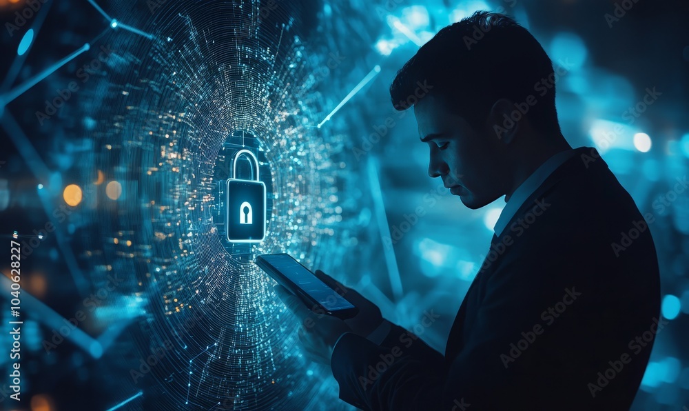 Poster cyber security and data protection information privacy internet technology concept. businessman work