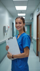 Smiling nurse with clipboard in hospital corridor with professional demeanor
