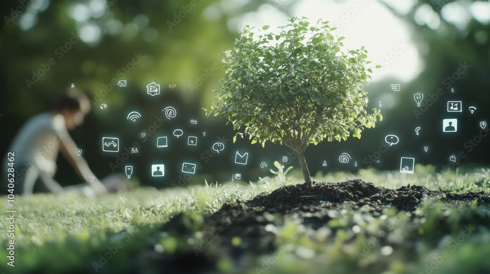 Poster a serene image of a person planting a tree in a garden filled with floating social media icons, repr