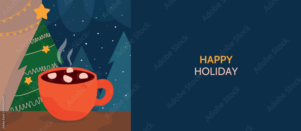 Fototapete winter illustration with hot chocolate and marshmallows with christmas tree a banner with an empty s