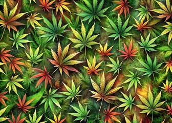 Vibrant Green and Red Cannabis Leaves in Artistic Natural Arrangement