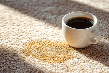 Coffee spilled on the clean white carpet. Coffee stain on the carpet