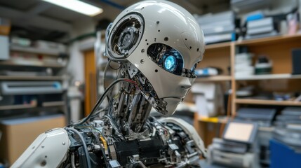A detailed shot of the self-healing materials and repair mechanisms of a humanoid maintenance robot in a robotics engineering facility, Robotics style, photo of