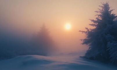 Foggy winter sunrise in the snowy mountain