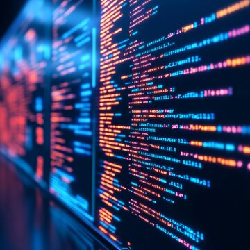 Code editor interface, augmented reality screens, complex algorithms, digital cityscape