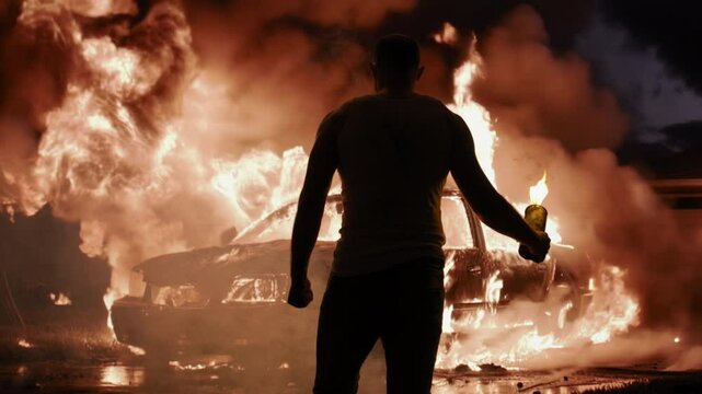 Silhouetted Man Standing Near Burning Car Night Scene Urban Destruction Cinematic Drama