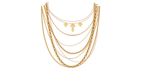 Multilayer Trendy Gold Chains Necklace On White Background, Unique Fine Jewelry Vector Illustration.	