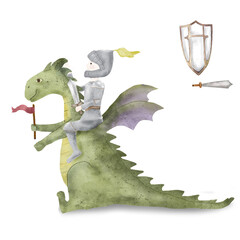 A knight sits on a green dragon Watercolor illustration in digital. A fabulous dragon with purple wings is highlighted on the background. Knight's armor, shield and sword. Children's illustration.