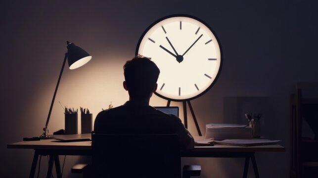 A serene image of a person sitting at a desk with a giant clock face as a desk lamp, representing the constant pressure of time management and productivity in a modern work environment