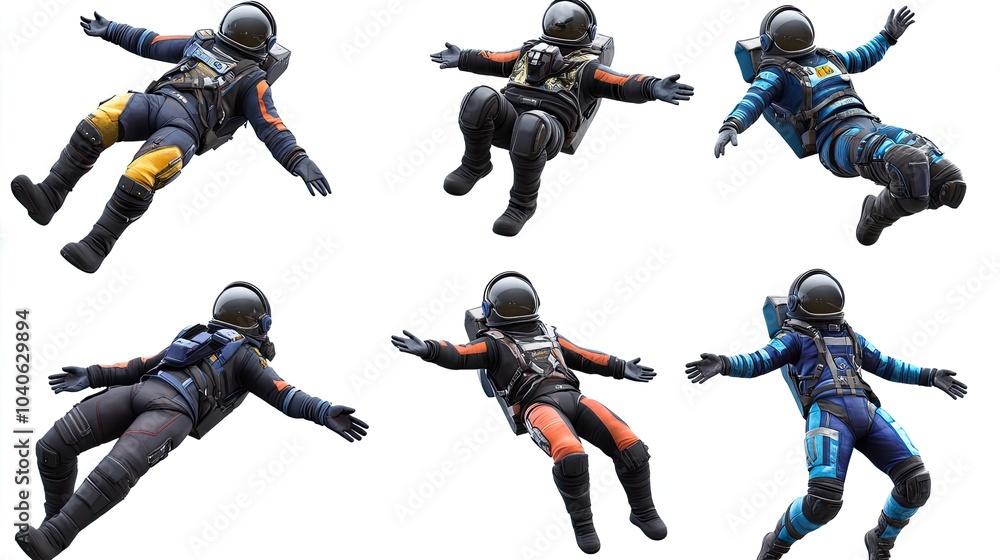 Poster various astronauts floating in space suits in different poses generative ai