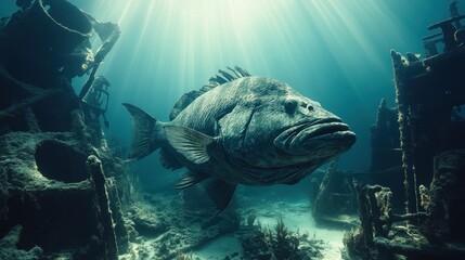 Fototapeta premium A large fish swimming among underwater ruins and sunlight.