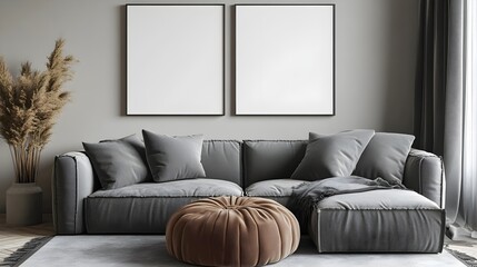  Blank white poster mockup in a modern living room with minimalist decor and clean lines. 3d rendering