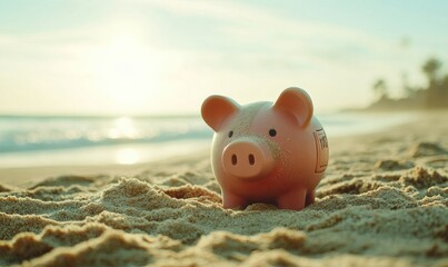 Financial freedom. Piggy bank relaxing on the sandy beach. Wealth growth and financial independence concept.