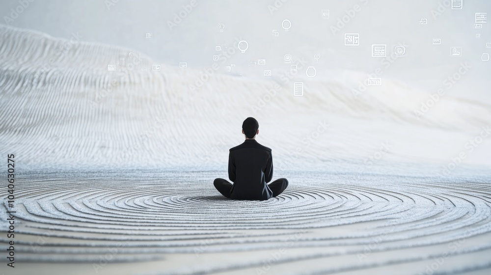 Poster A serene image of a person sitting in a Zen garden with sand patterns made of digital code and floating icons, symbolizing the pursuit of calm and mindfulness amidst a tech-driven world
