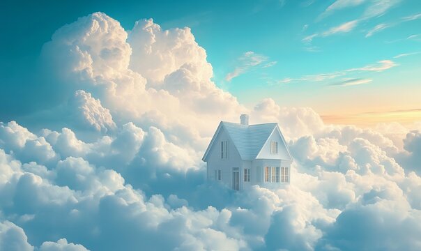 A serene white house rests among fluffy clouds under a bright blue sky, evoking a dreamlike atmosphere at dawn