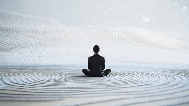 A serene image of a person sitting in a Zen garden with sand patterns made of digital code and floating icons, symbolizing the pursuit of calm and mindfulness amidst a tech-driven world
