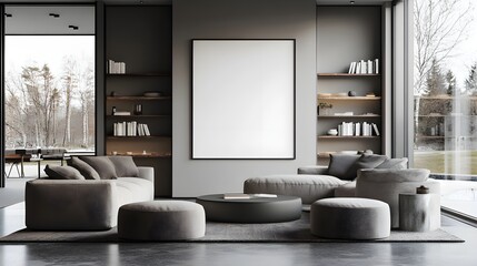  Blank white poster mockup in a modern living room with minimalist decor and clean lines. 3d rendering