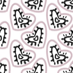Seamless abstract geometric pattern. Simple background in black, pink, white colors. Hearts. Digital texture. Illustration. Design for textile fabrics, wrapping paper, background, wallpaper, cover.