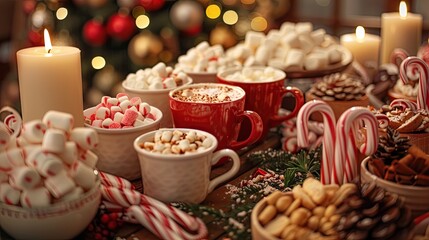 Fototapeta premium A festive hot chocolate station with mugs, marshmallows, candy canes, and a variety of toppings