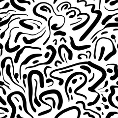 Seamless abstract geometric pattern. Background in black, white. Illustration. Lines, dots, curls. Design for textile fabrics, wrapping paper, background, wallpaper, cover.