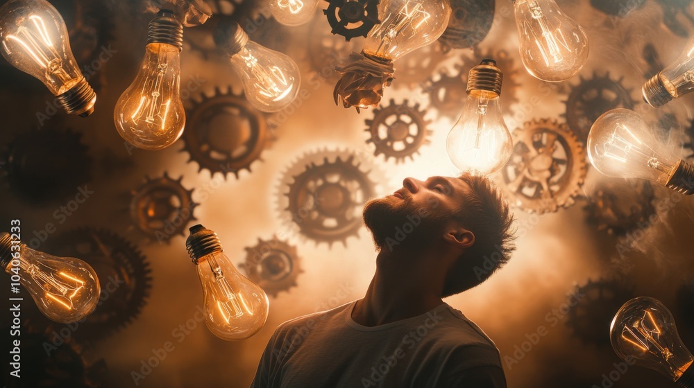 Poster A serene image of a person surrounded by floating gears and light bulbs, symbolizing the blend of creativity and mechanical precision in contemporary problem-solving, Studio setting