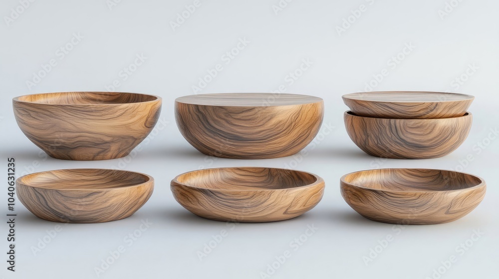 Poster elegant wooden round tableware set arranged on a light background generative ai