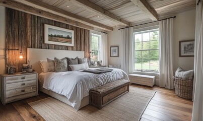 Farmhouse interior design of modern bedroom with hardwood floor