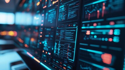 Interactive algorithm display, glowing holographic panels, sleek tech office, advanced tools