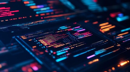 Obraz premium Interactive algorithm editor, augmented reality screens, digital code environment