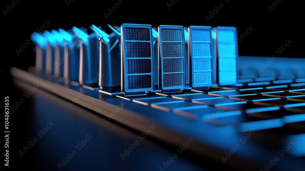 Poster modern keyboard with illuminated keys and sleek design on a dark background.