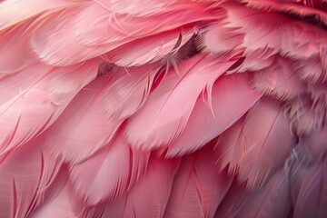 Primer plano de las plumas de un flamenco, plumas de flamenco, close-up del plumaje de un pájaro rosa