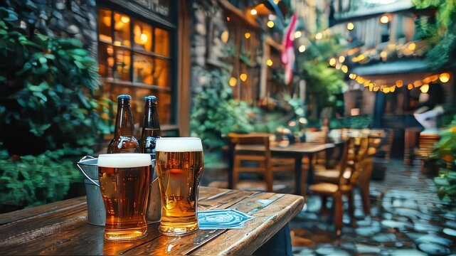 Two amber beer bottles with condensation droplets sit next to a frothy bucket of foam on a wooden bar table, creating a cozy, inviting atmosphere for a casual evening