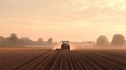 Fototapeta premium A tractor plows a field at sunrise, creating rows in the soil.