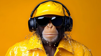 A monkey dressed in a yellow raincoat with headphones.