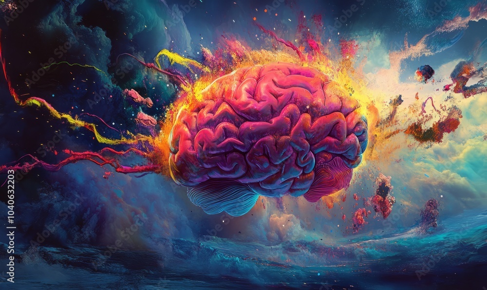 Poster concept art of a human colorful brain exploding with knowledge, emotions and bursting with creativit