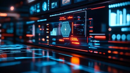 Naklejka premium Machine learning algorithms in hologram, advanced AI station, futuristic environment