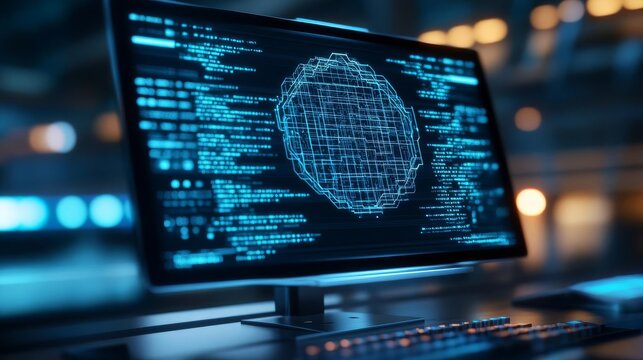 Machine learning algorithms in hologram, advanced AI station, futuristic environment