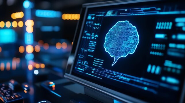 Machine learning algorithms in hologram, advanced AI station, futuristic environment
