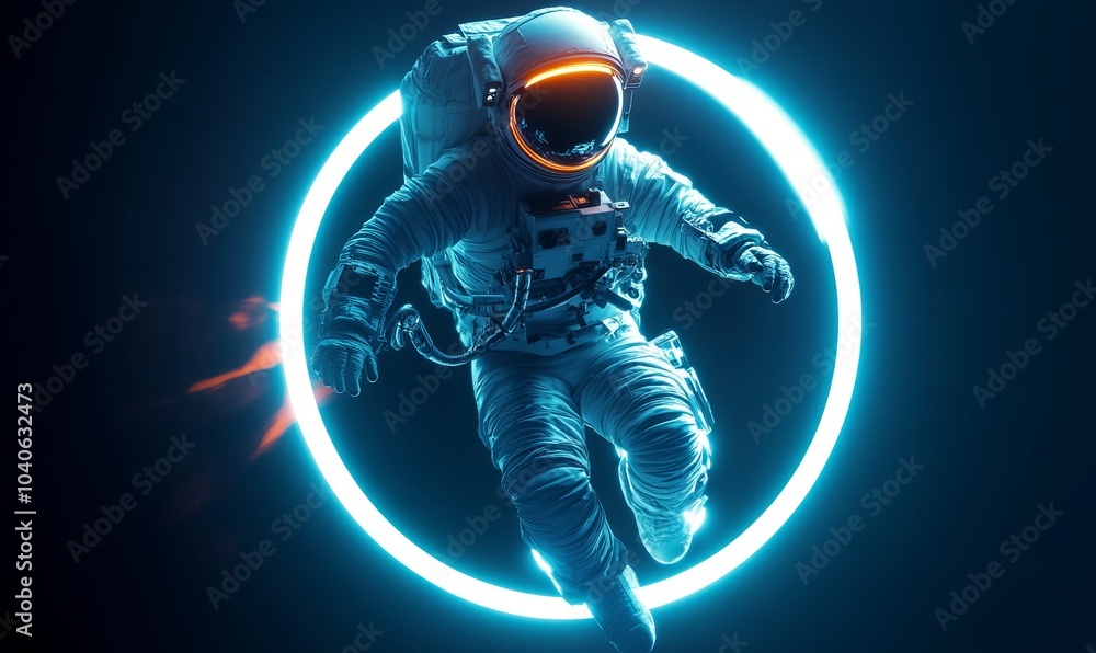Poster exiting the void. a futuristic space astronaut exiting a glowing loop through time.