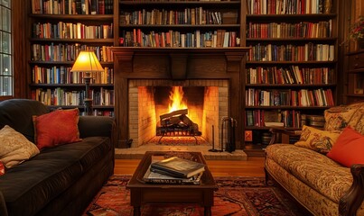 A warm and inviting living room features a cozy fireplace and bookshelves filled with colorful books, perfect for relaxation at any time