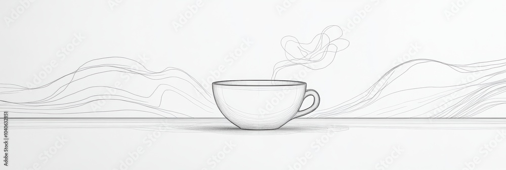 Poster A minimalist design features a tea cup, elegantly accented by soft steam lines, creating a serene atmosphere. Generative AI