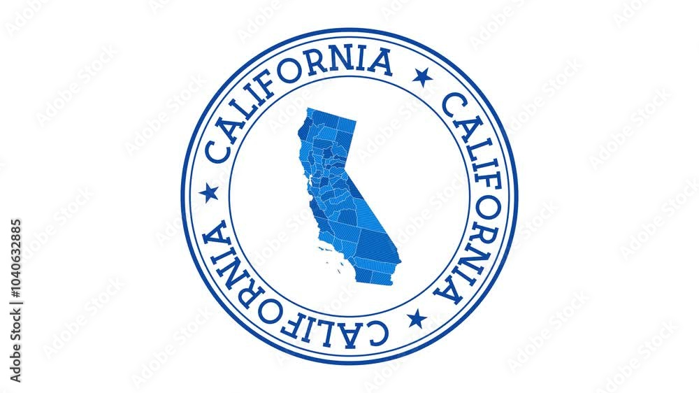 Poster california intro. badge with the circular name and map of us state. california round logo animation.