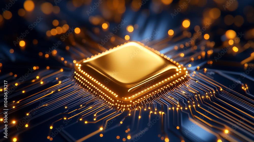 Poster a visualization of quantum computing elements featuring a central processing unit surrounded by illu