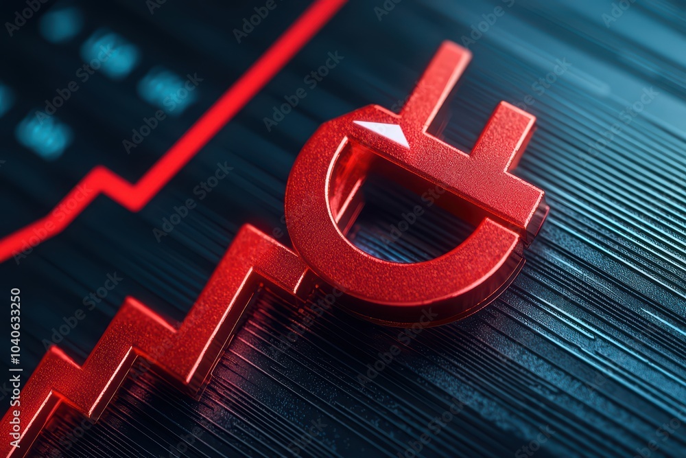 Poster red currency symbol with an upward trend line on a textured background representing financial growth